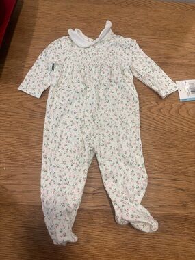 Little Me Pima Cotton White Footed One-Piece with Pink Floral & Green Leaves